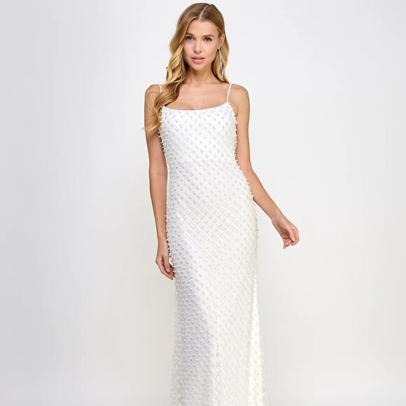 B Darlin Juniors Glitter & Faux-Pearls Open-Back Gown White/Iridescent Sze 11/12 - Picture 1 of 4